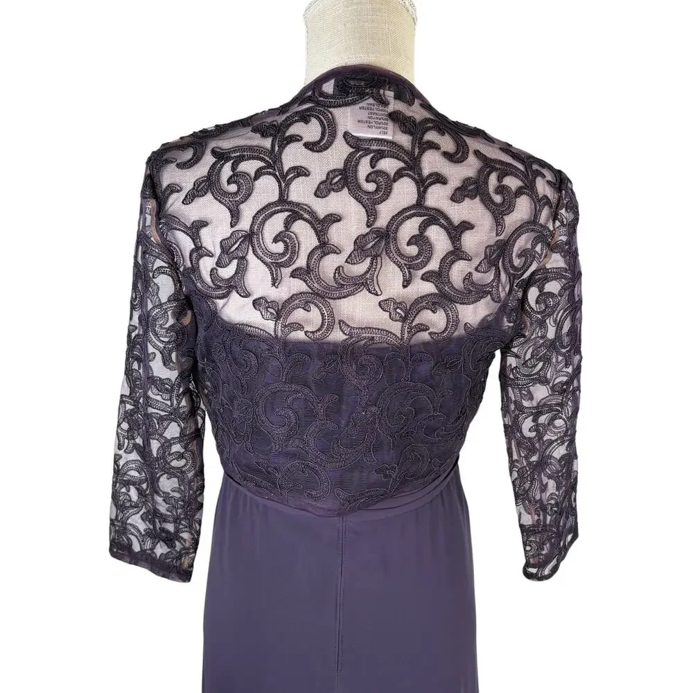 Tadashi Shoji 2 Piece Evening Gown Maxi Dress Women's 8 Purple Lace Jacket Party